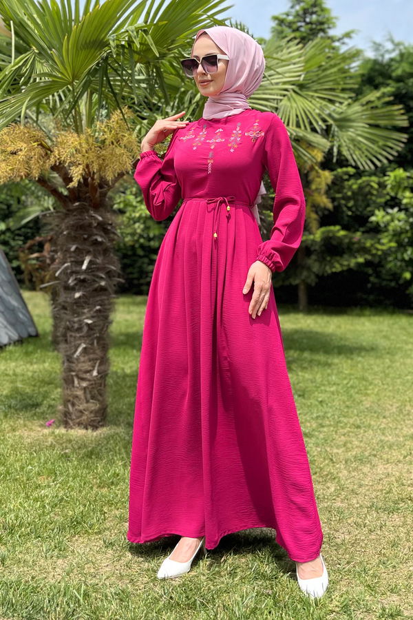 Düz Bisiklet Yaka Kadın Fuşya Elbise - 11581