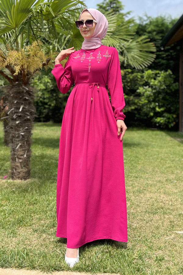 Düz Bisiklet Yaka Kadın Fuşya Elbise - 11581