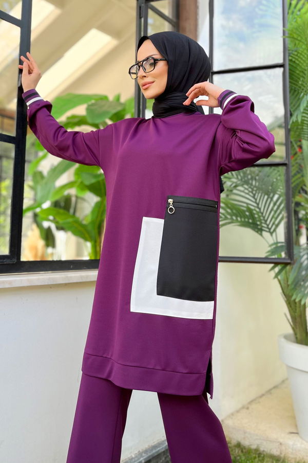 Düz Bisiklet Yaka Kadın Mor Tunik+Pantolon - 11617