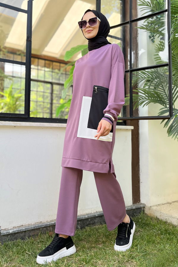 Düz Bisiklet Yaka Kadın Lila Tunik+Pantolon - 11617