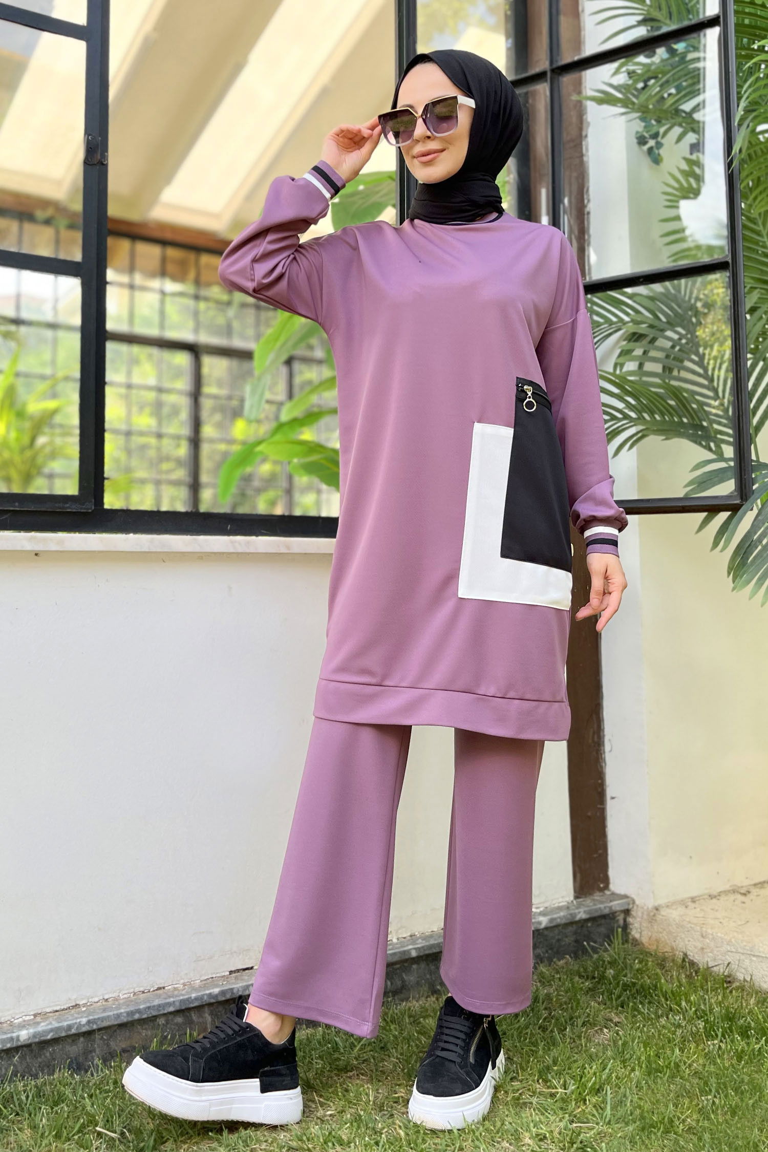 Düz Bisiklet Yaka Kadın Lila Tunik+Pantolon - 11617