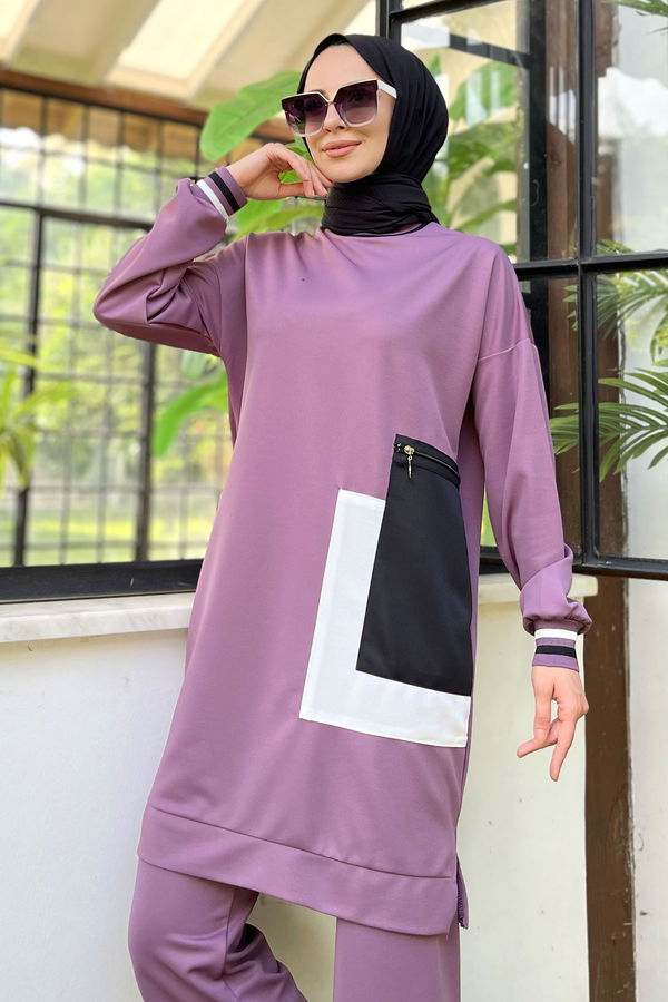 Düz Bisiklet Yaka Kadın Lila Tunik+Pantolon - 11617