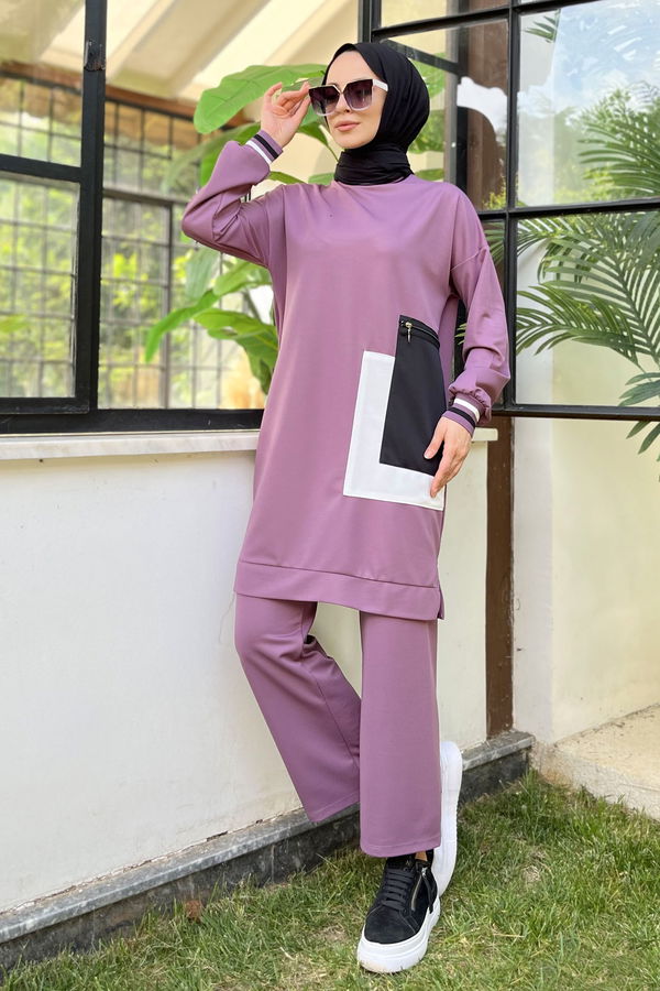 Düz Bisiklet Yaka Kadın Lila Tunik+Pantolon - 11617