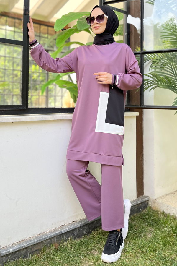 Düz Bisiklet Yaka Kadın Lila Tunik+Pantolon - 11617