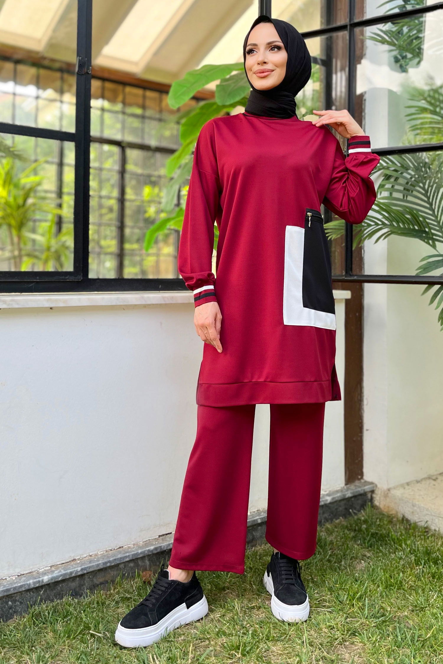 Düz Bisiklet Yaka Kadın Bordo Tunik+Pantolon - 11617