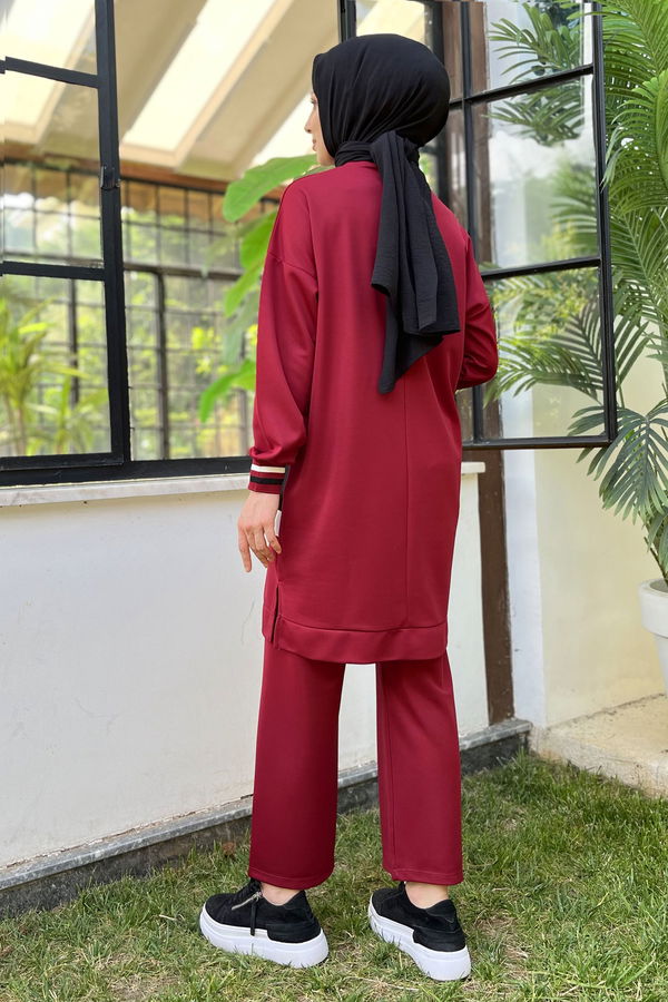 Düz Bisiklet Yaka Kadın Bordo Tunik+Pantolon - 11617