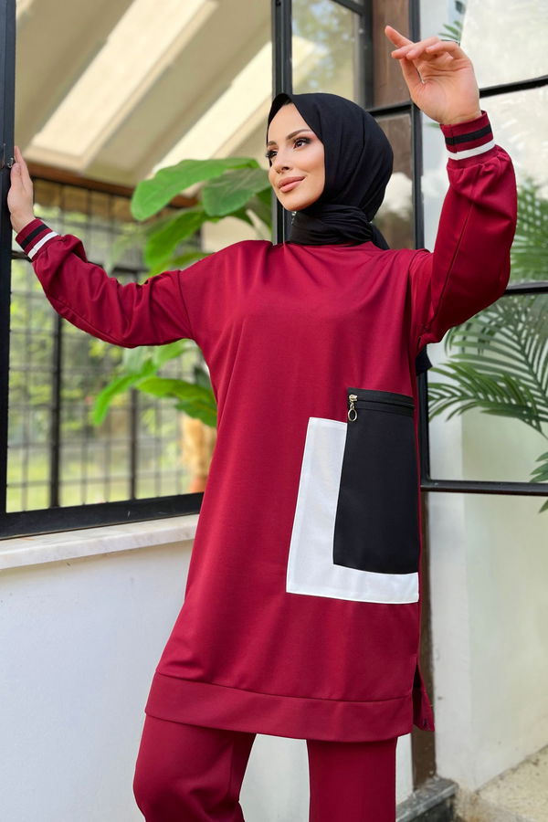 Düz Bisiklet Yaka Kadın Bordo Tunik+Pantolon - 11617