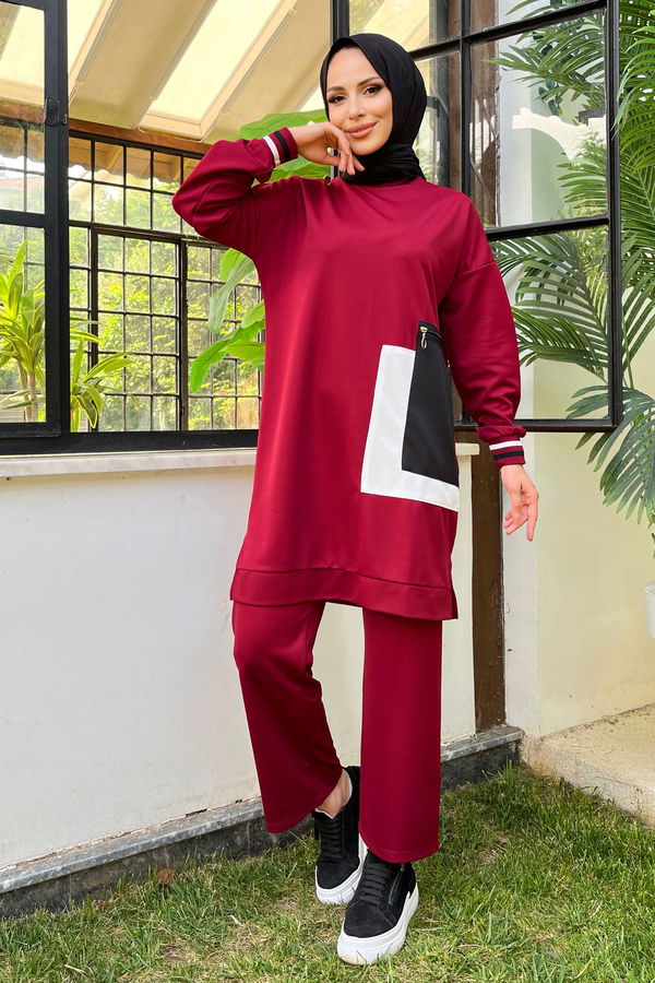 Düz Bisiklet Yaka Kadın Bordo Tunik+Pantolon - 11617
