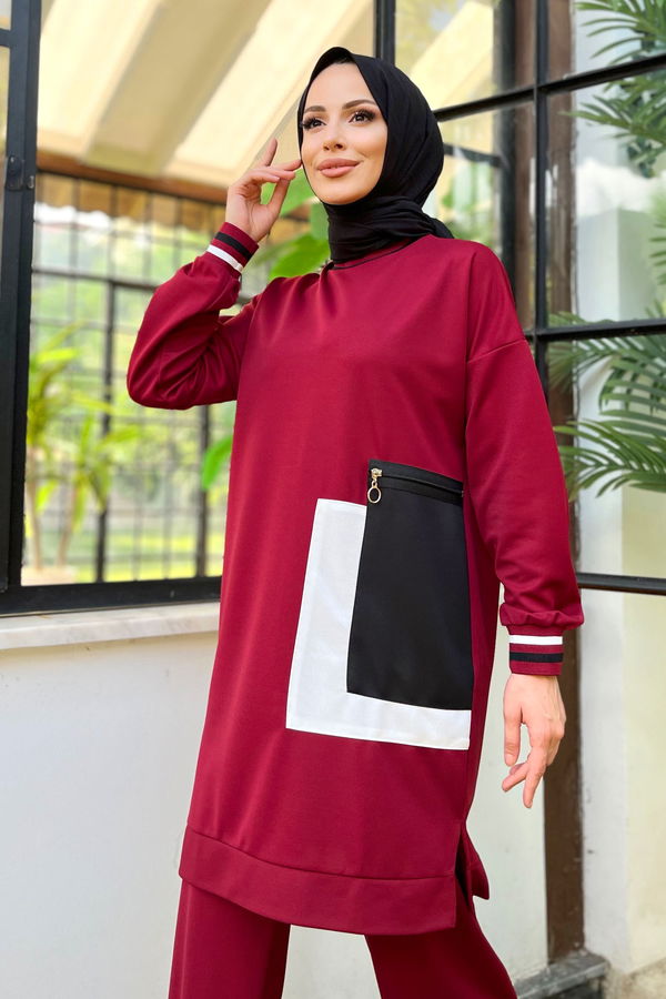 Düz Bisiklet Yaka Kadın Bordo Tunik+Pantolon - 11617