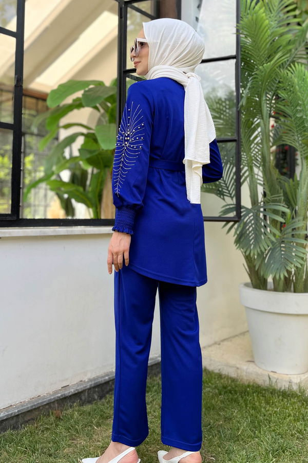Düz Bisiklet Yaka Kadın Mavi Tunik+Pantolon - 11652 MAVİ
