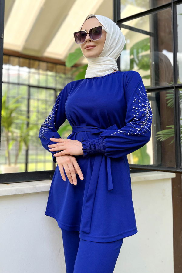 Düz Bisiklet Yaka Kadın Mavi Tunik+Pantolon - 11652 MAVİ