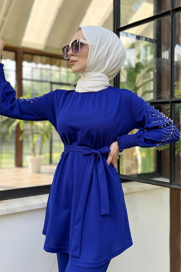 Düz Bisiklet Yaka Kadın Mavi Tunik+Pantolon - 11652 MAVİ