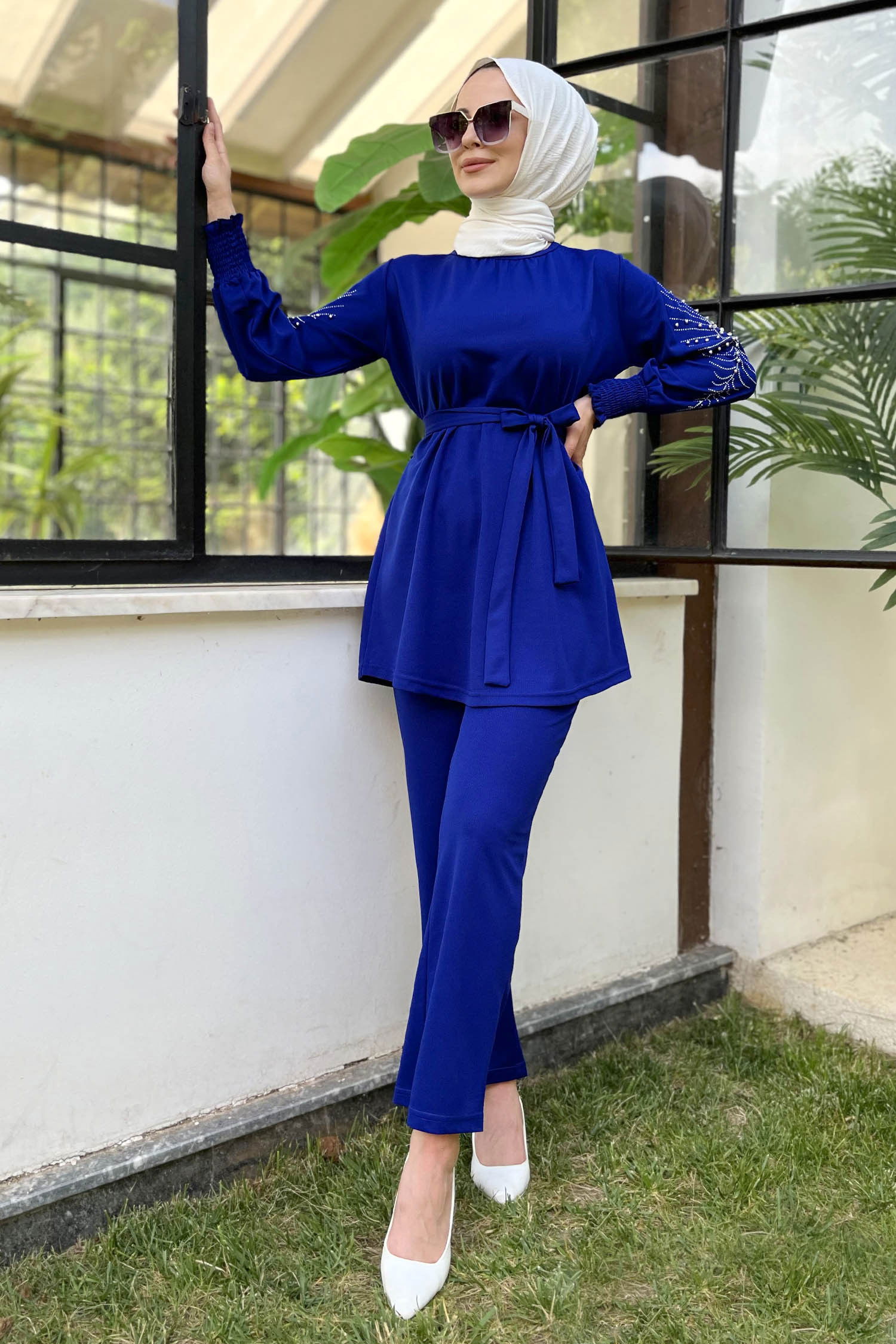 Düz Bisiklet Yaka Kadın Mavi Tunik+Pantolon - 11652 MAVİ