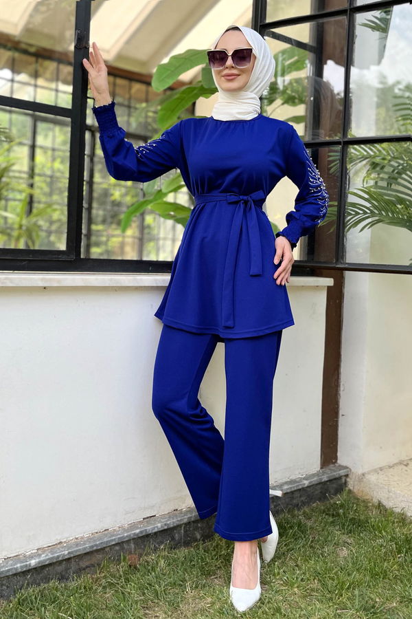 Düz Bisiklet Yaka Kadın Mavi Tunik+Pantolon - 11652 MAVİ