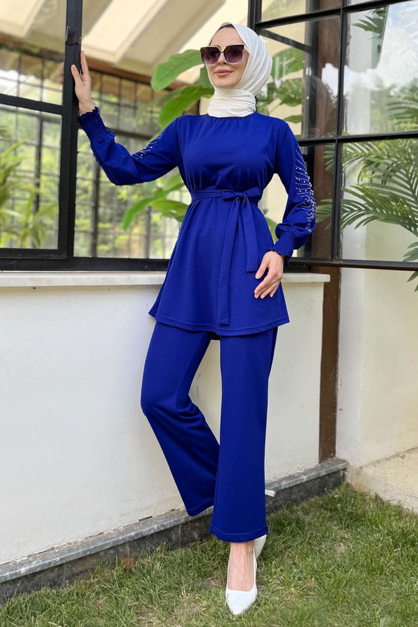 Düz Bisiklet Yaka Kadın Mavi Tunik+Pantolon - 11652 MAVİ