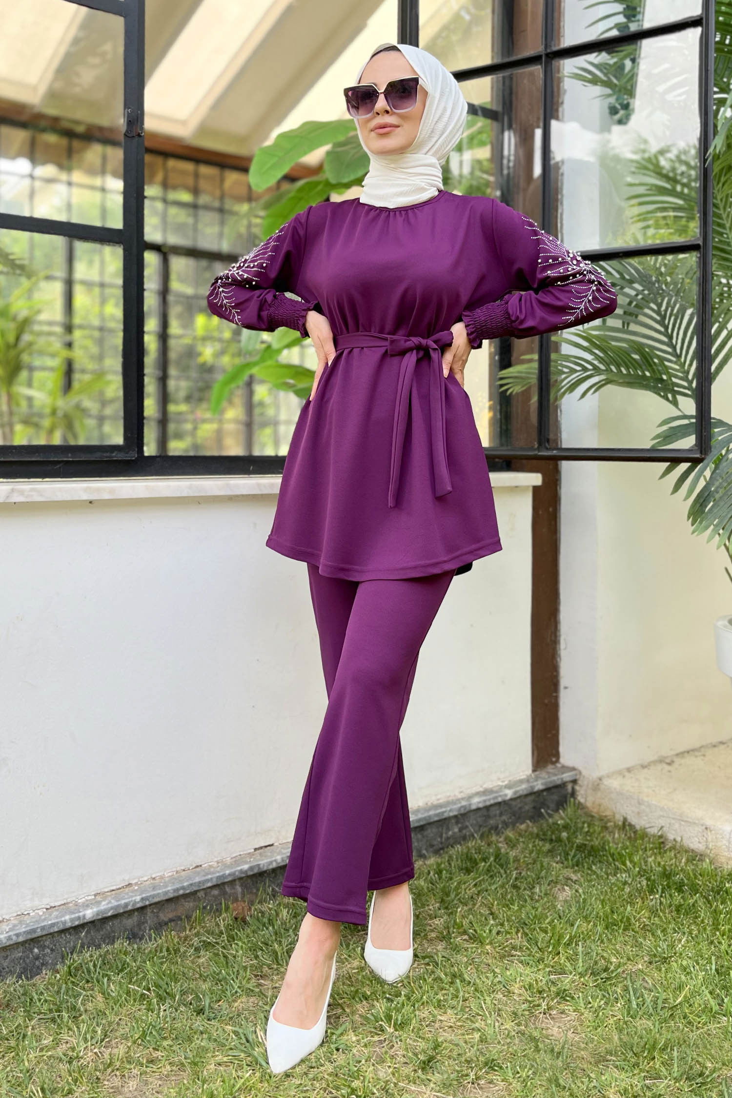 Düz Bisiklet Yaka Kadın Mor Tunik+Pantolon - 11652