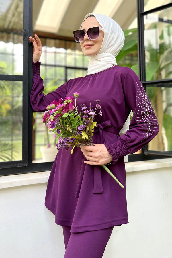 Düz Bisiklet Yaka Kadın Mor Tunik+Pantolon - 11652