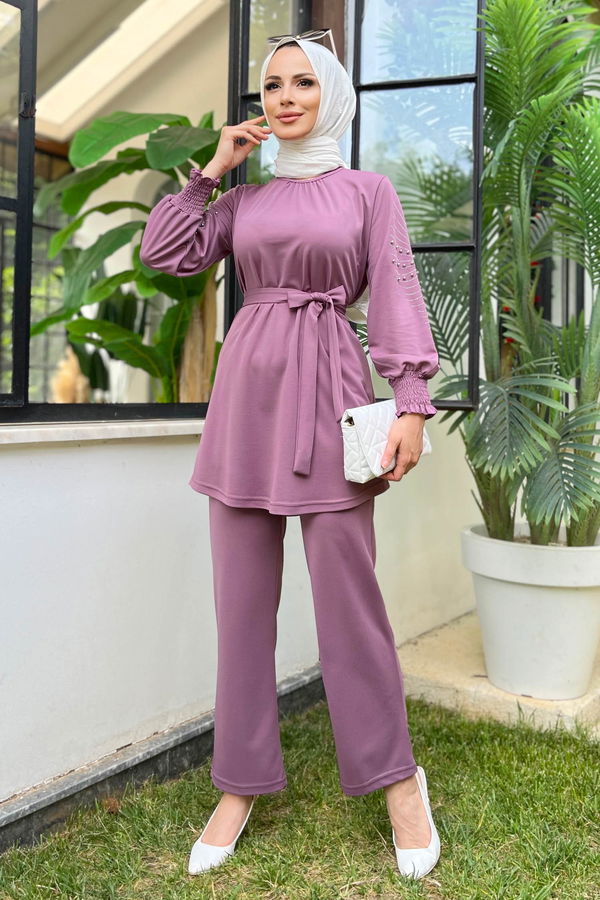 Düz Bisiklet Yaka Kadın Lila Tunik+Pantolon - 11652