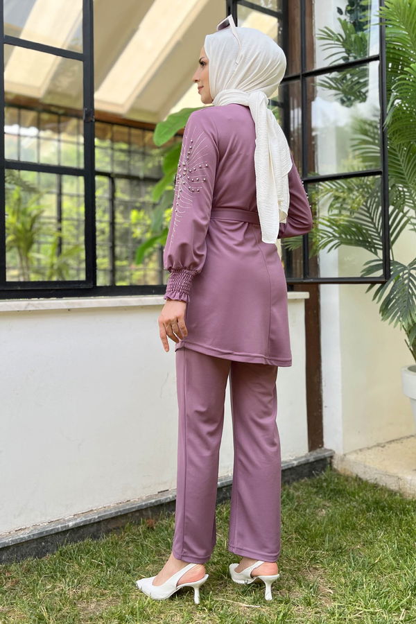 Düz Bisiklet Yaka Kadın Lila Tunik+Pantolon - 11652