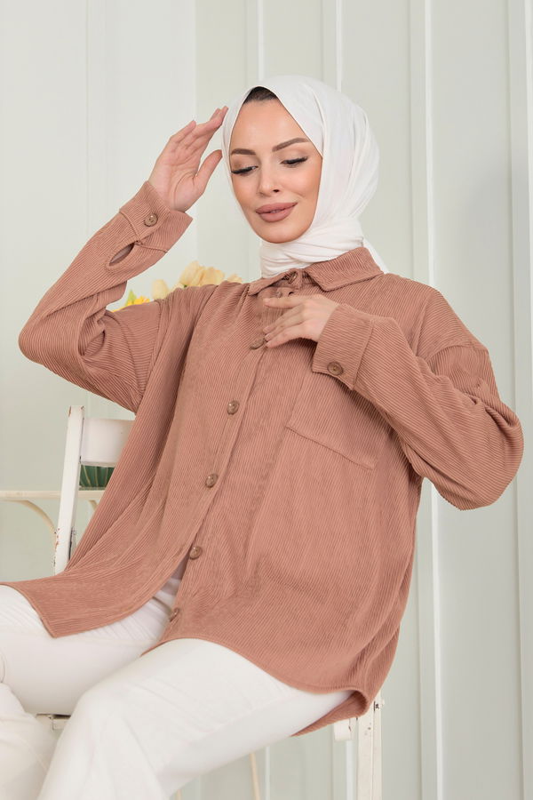 Düz Gömlek Yaka Kadın Bej Tunik - 11609 BEJ