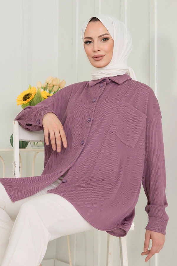 Düz Gömlek Yaka Kadın Pembe Tunik - 11609