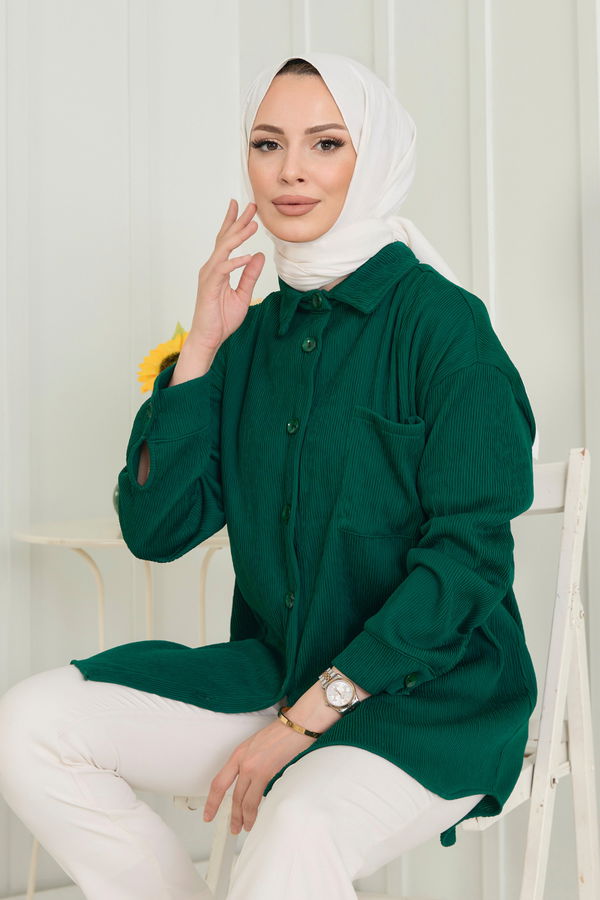 Düz Gömlek Yaka Kadın Yeşil Tunik - 11609