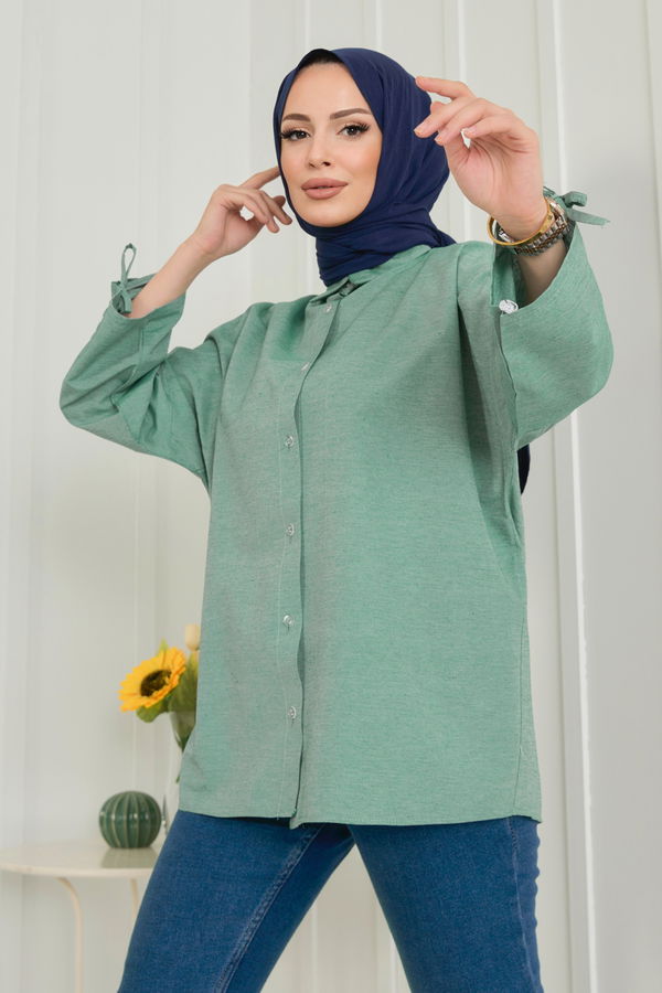 Düz Gömlek Yaka Kadın Yeşil Gömlek - 11443 YEŞİL