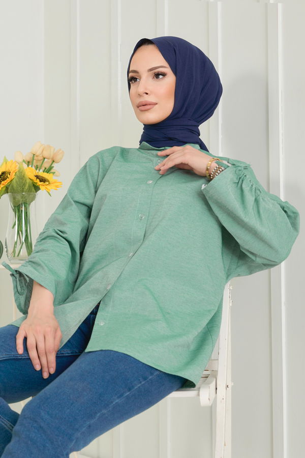 Düz Gömlek Yaka Kadın Yeşil Gömlek - 11443 YEŞİL