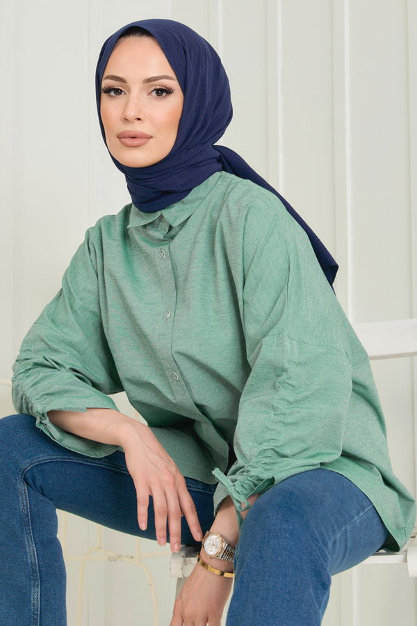 Düz Gömlek Yaka Kadın Yeşil Gömlek - 11443 YEŞİL