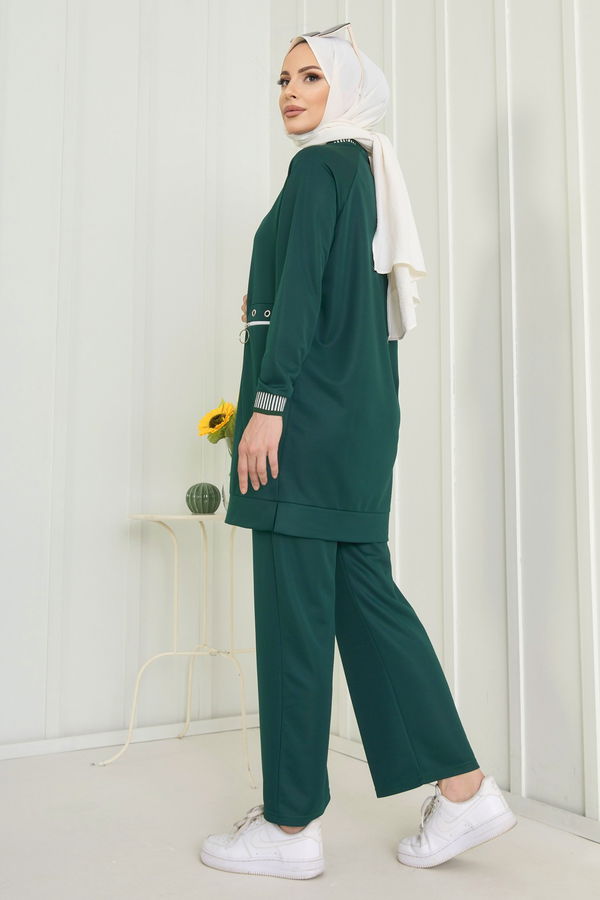 Düz Bisiklet Yaka Kadın Yeşil Tunik+Pantolon - 11598