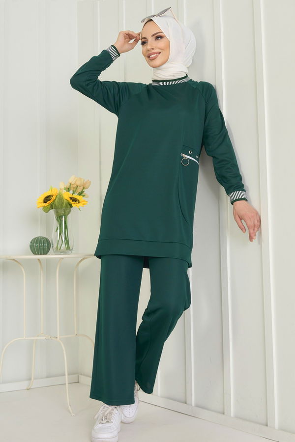 Düz Bisiklet Yaka Kadın Yeşil Tunik+Pantolon - 11598
