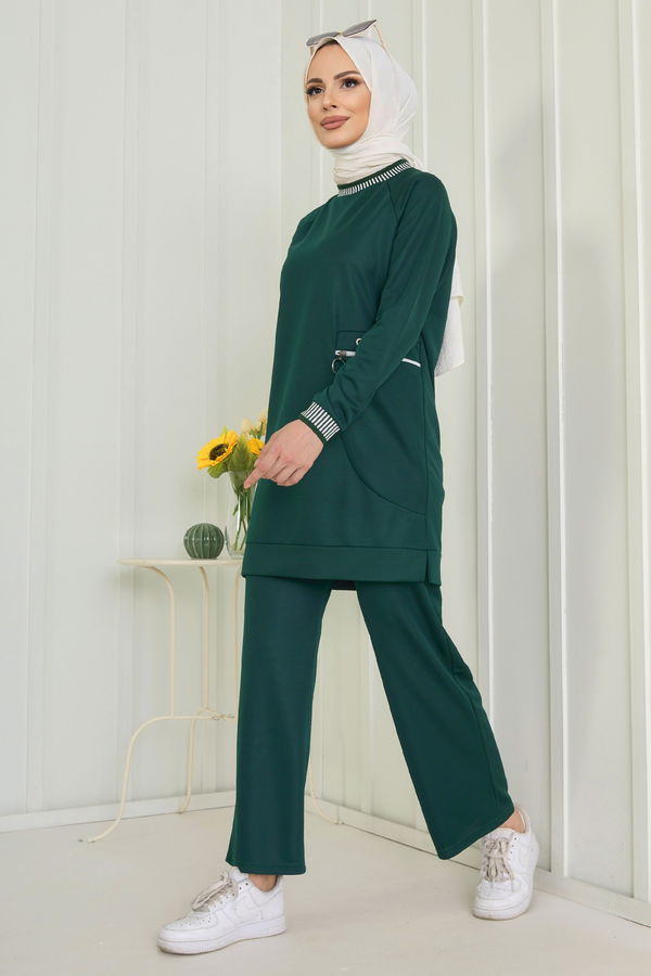 Düz Bisiklet Yaka Kadın Yeşil Tunik+Pantolon - 11598