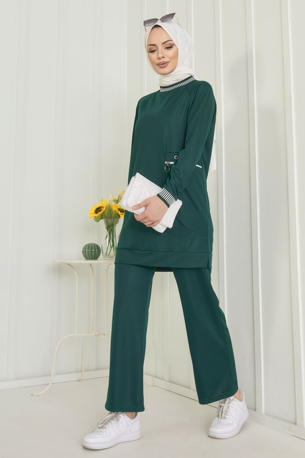 Düz Bisiklet Yaka Kadın Yeşil Tunik+Pantolon - 11598