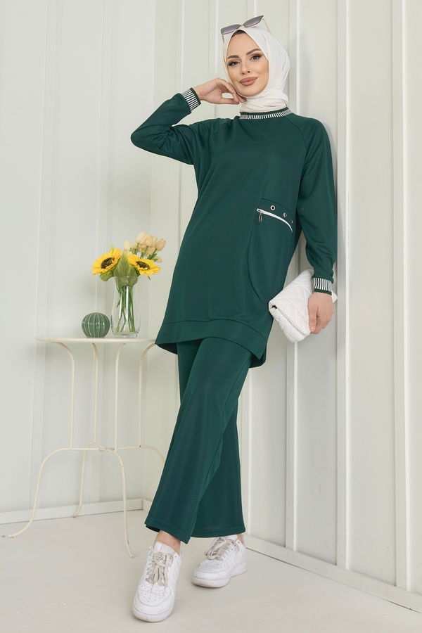 Düz Bisiklet Yaka Kadın Yeşil Tunik+Pantolon - 11598