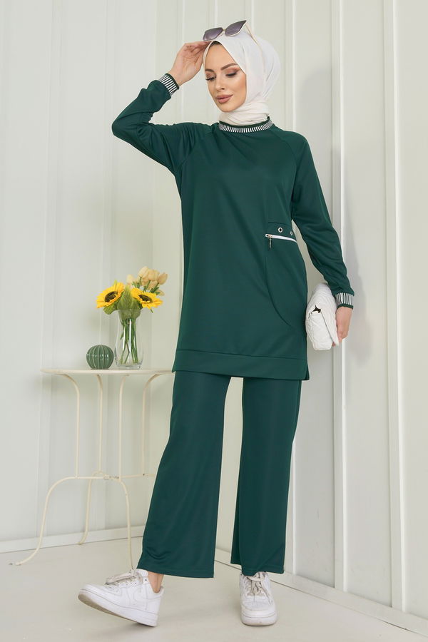 Düz Bisiklet Yaka Kadın Yeşil Tunik+Pantolon - 11598