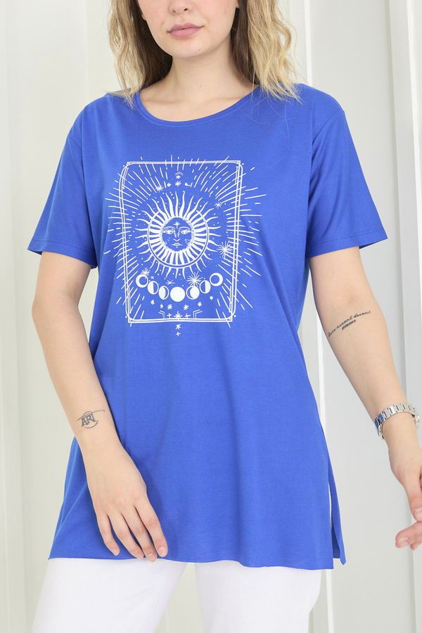 Düz Bisiklet Yaka Kadın Mavi T-Shirt - 22534