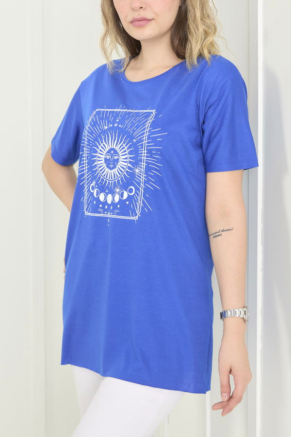 Düz Bisiklet Yaka Kadın Mavi T-Shirt - 22534