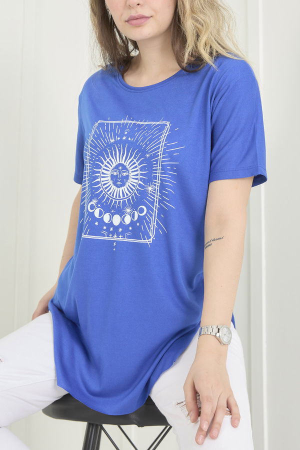 Düz Bisiklet Yaka Kadın Mavi T-Shirt - 22534
