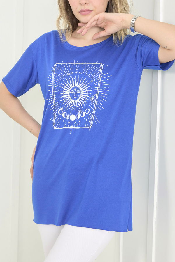 Düz Bisiklet Yaka Kadın Mavi T-Shirt - 22534