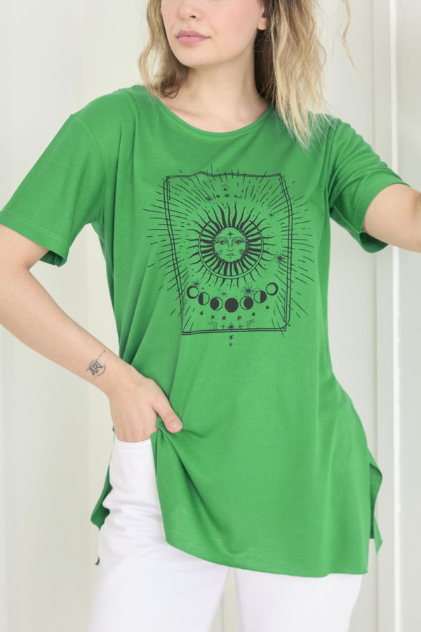 Düz Bisiklet Yaka Kadın Yeşil T-Shirt - 22534
