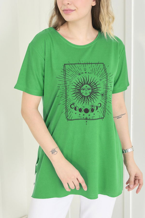 Düz Bisiklet Yaka Kadın Yeşil T-Shirt - 22534