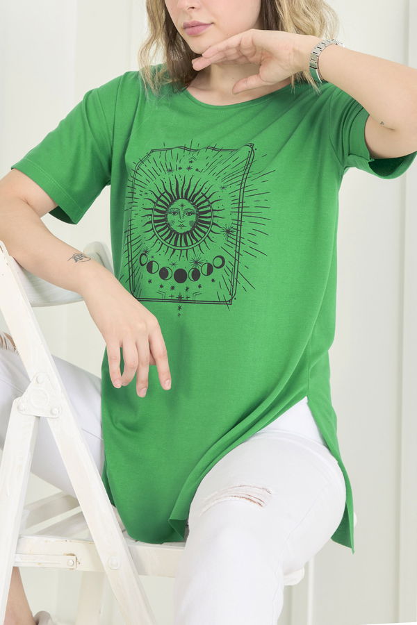 Düz Bisiklet Yaka Kadın Yeşil T-Shirt - 22534
