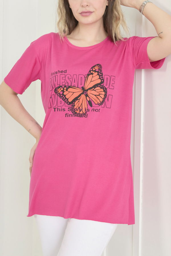 Düz Bisiklet Yaka Kadın Fuşya T-Shirt - 22251