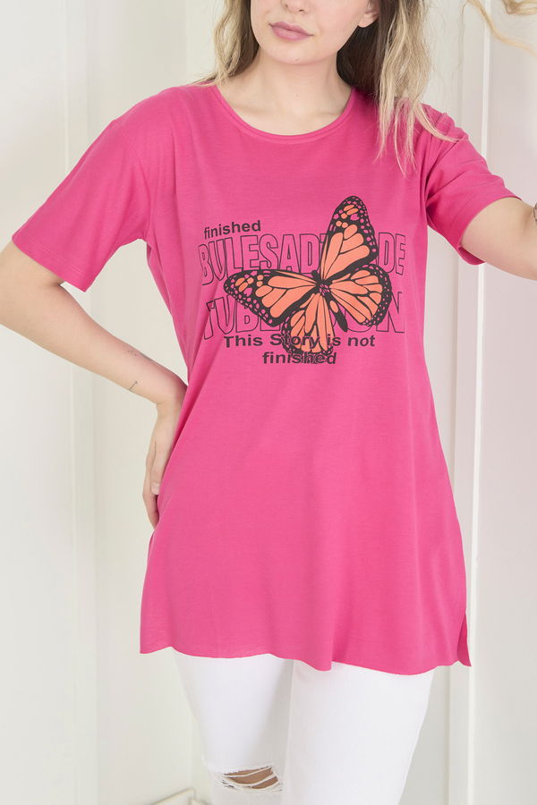 Düz Bisiklet Yaka Kadın Fuşya T-Shirt - 22251