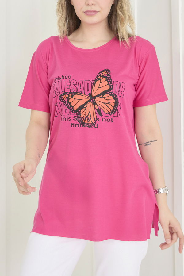 Düz Bisiklet Yaka Kadın Fuşya T-Shirt - 22251