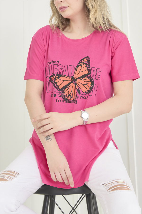 Düz Bisiklet Yaka Kadın Fuşya T-Shirt - 22251