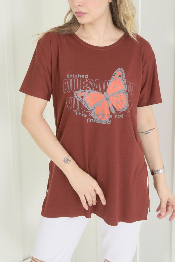 Düz Bisiklet Yaka Kadın Kahverengi T-Shirt - 22251