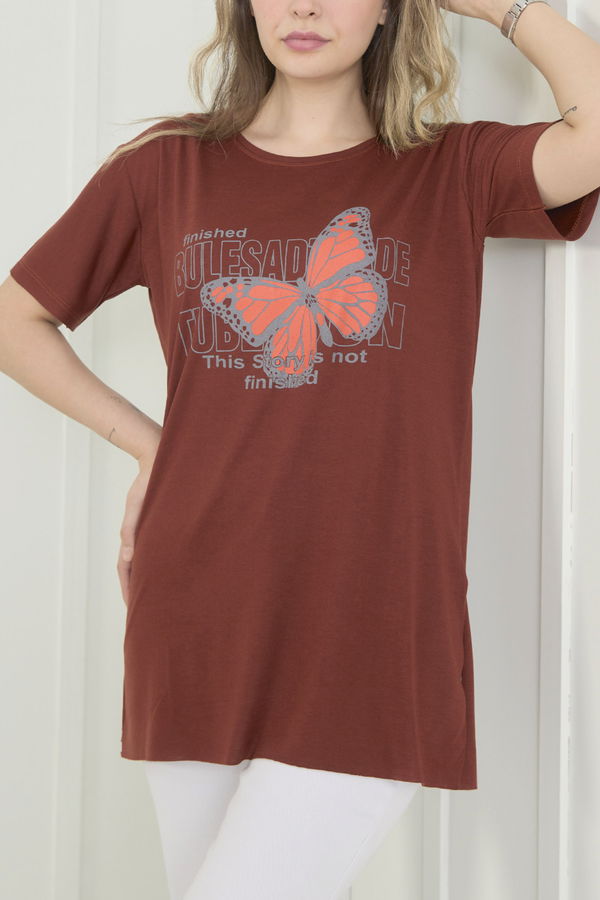 Düz Bisiklet Yaka Kadın Kahverengi T-Shirt - 22251