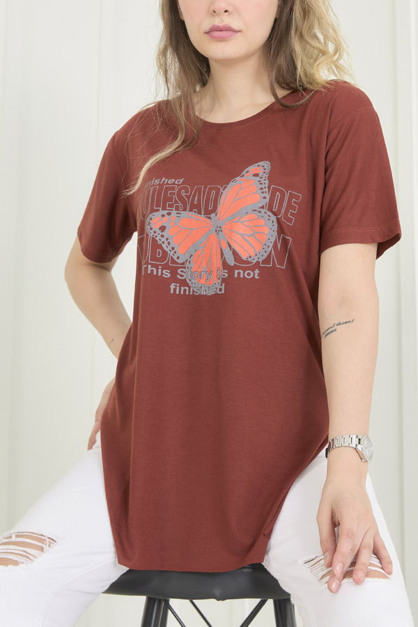 Düz Bisiklet Yaka Kadın Kahverengi T-Shirt - 22251