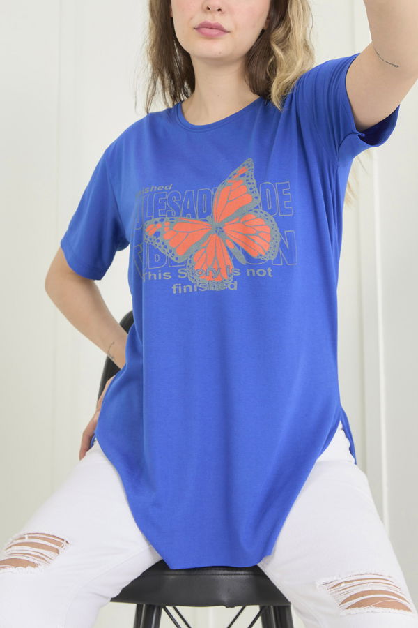Düz Bisiklet Yaka Kadın Mavi T-Shirt - 22251